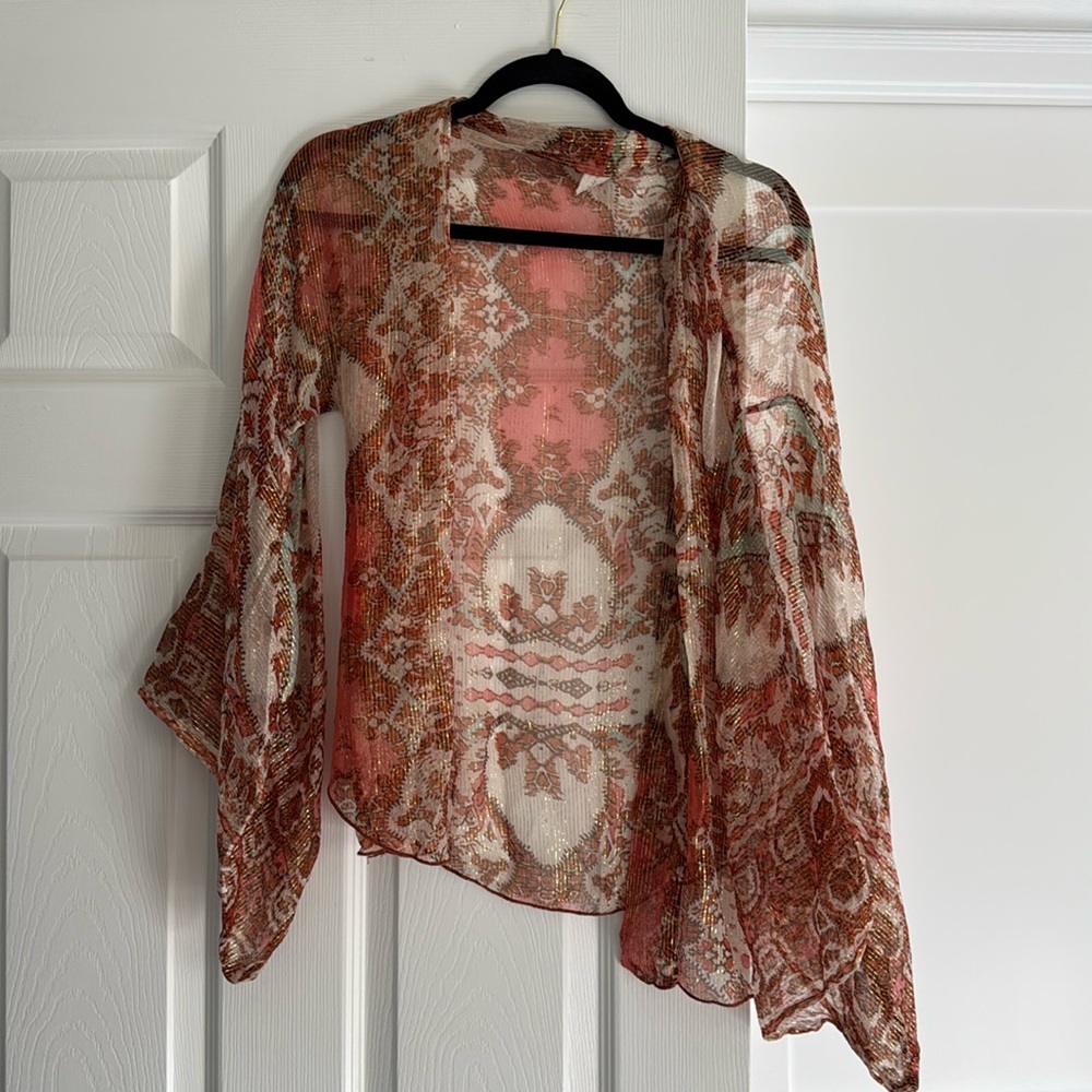 Free People One | Fleur De Lis Metallic Sheer Crinkle Kimono Size S